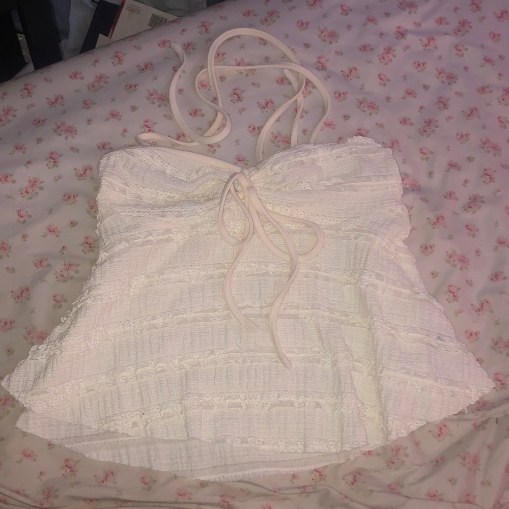 White Lace Halter Ruffled Tube Top